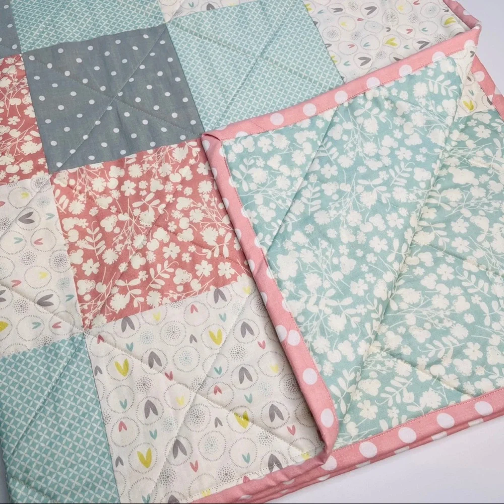 Handmade Easter / Spring Quilt Dusty Rose Blue Polka Dot Nursery Baby Bedding